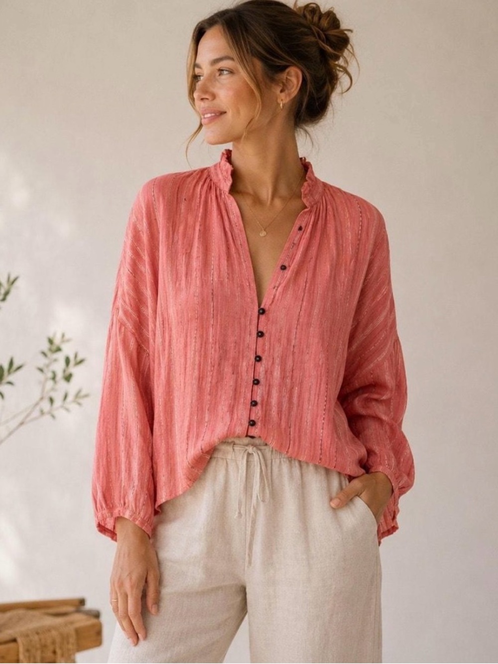 Anthropologie Pilcro The Tavi Metallic Blouse Small Coral Boho Fray Neck